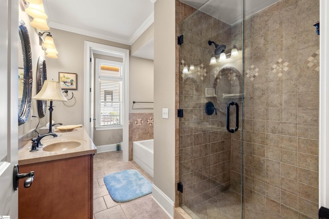 bathroom featuring shower with separate bathtub, vanity, tile patterned floors, and ornamental molding