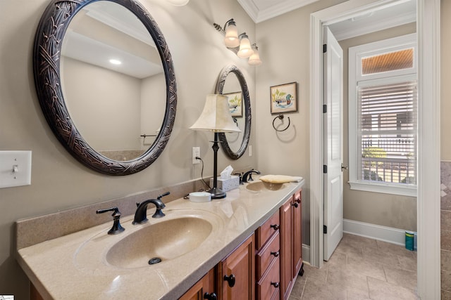 bathroom with tile patterned floors, vanity, and ornamental molding