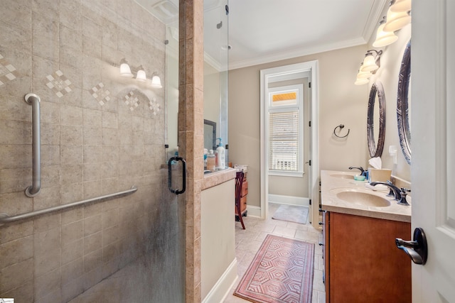 bathroom featuring tile patterned flooring, vanity, an enclosed shower, and ornamental molding