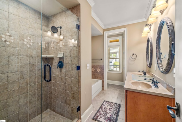 bathroom with shower with separate bathtub, vanity, tile patterned floors, and crown molding