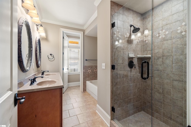 bathroom with tile patterned floors, vanity, shower with separate bathtub, and ornamental molding