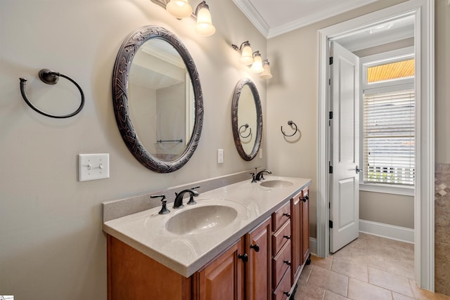 bathroom with vanity, tile patterned floors, and ornamental molding