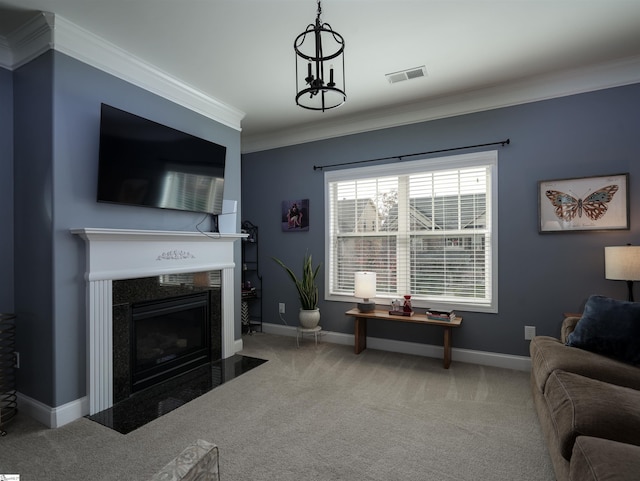 living room with light colored carpet and ornamental molding