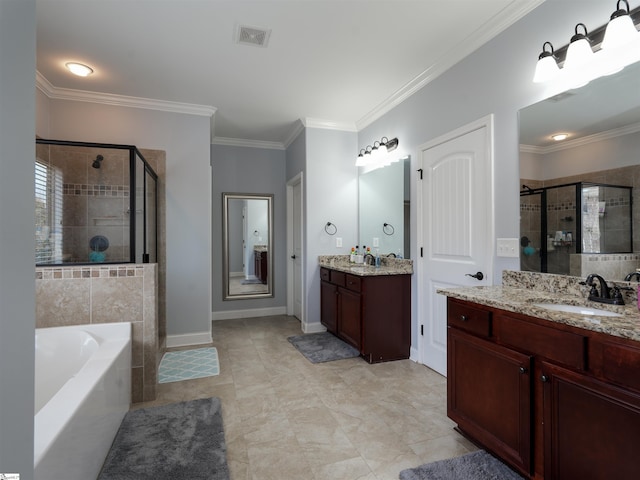 bathroom with tile patterned floors, vanity, ornamental molding, and shower with separate bathtub