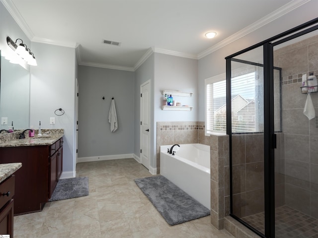 bathroom featuring vanity, independent shower and bath, and crown molding