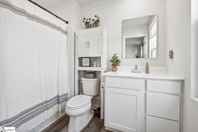 bathroom featuring vanity, wood-type flooring, and toilet