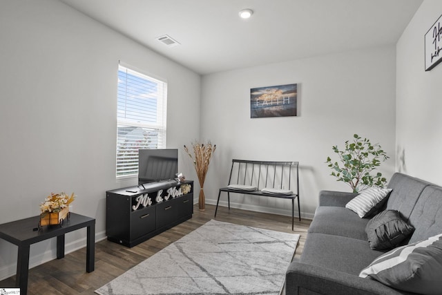 living room with dark wood-type flooring