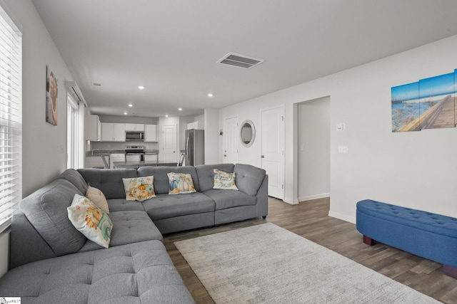 living room featuring dark hardwood / wood-style flooring and a healthy amount of sunlight