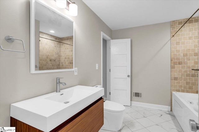 full bathroom with bathtub / shower combination, vanity, and toilet