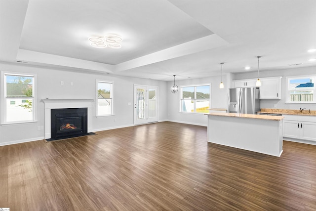 unfurnished living room featuring dark hardwood / wood-style floors, a raised ceiling, and a wealth of natural light