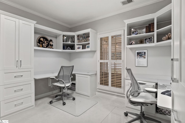 tiled office space featuring ornamental molding