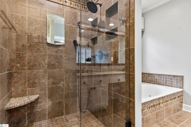 bathroom featuring shower with separate bathtub and crown molding