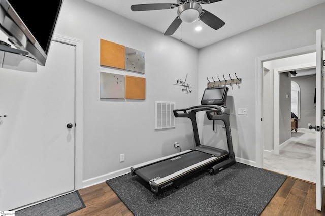 exercise room with hardwood / wood-style flooring and ceiling fan