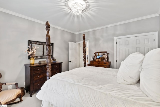 carpeted bedroom with crown molding and a closet