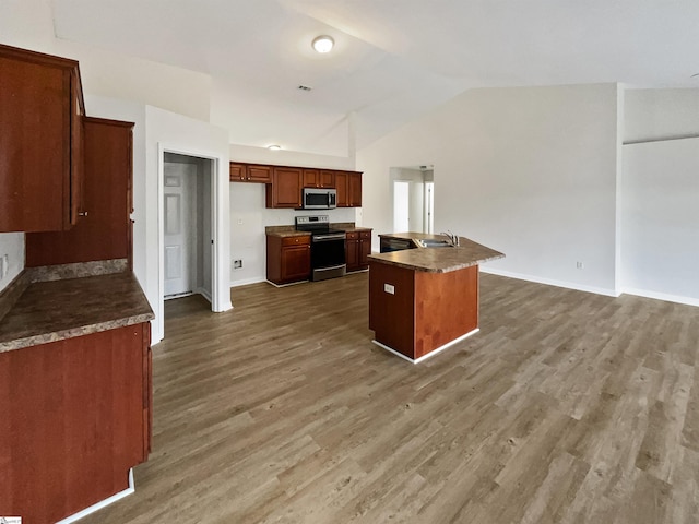 kitchen featuring dark hardwood / wood-style flooring, lofted ceiling, stainless steel appliances, and a kitchen island with sink