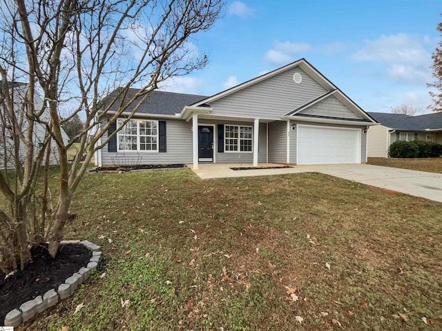 ranch-style house with a front yard and a garage