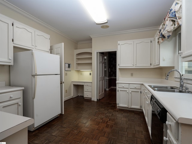 kitchen featuring ornamental molding, sink, white cabinets, black dishwasher, and white fridge