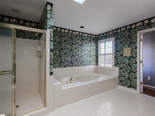 bathroom with tile patterned flooring and plus walk in shower