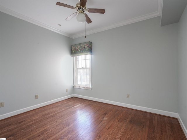 spare room with wood-type flooring, ceiling fan, and ornamental molding