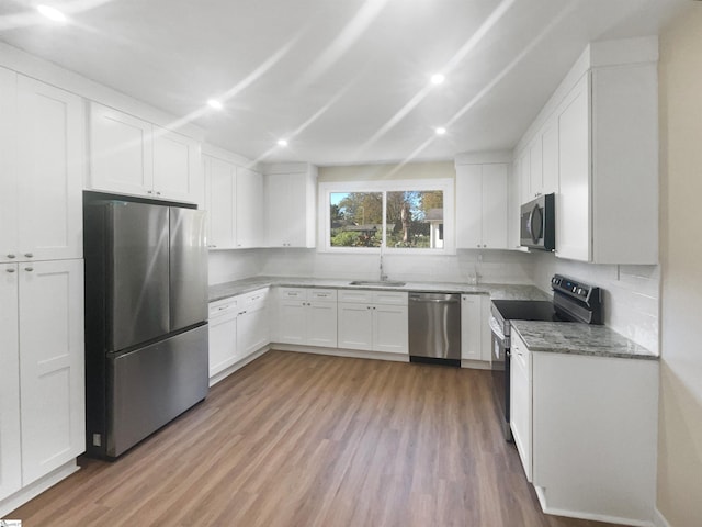 105 Duncan Ave, Greer, SC 29651 - kitchen featuring stainless steel appliances, a sink, light wood-style floors, light stone counters, and recessed lighting