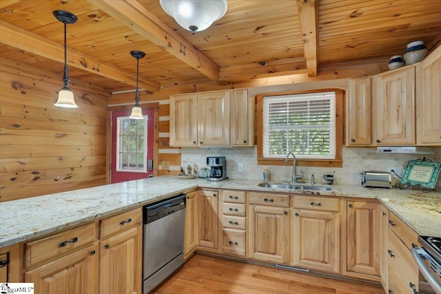 kitchen with sink, light hardwood / wood-style flooring, light stone countertops, appliances with stainless steel finishes, and decorative light fixtures