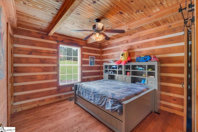 bedroom with ceiling fan, light hardwood / wood-style flooring, wooden ceiling, and wooden walls