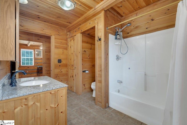 full bathroom featuring vanity, wooden ceiling, shower / tub combination, wooden walls, and toilet