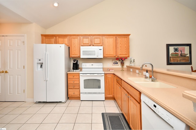 kitchen featuring sink, light tile patterned floors, white appliances, and high vaulted ceiling