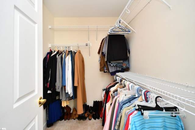 walk in closet with light colored carpet