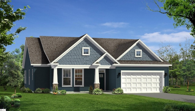 craftsman house with a garage and a front lawn