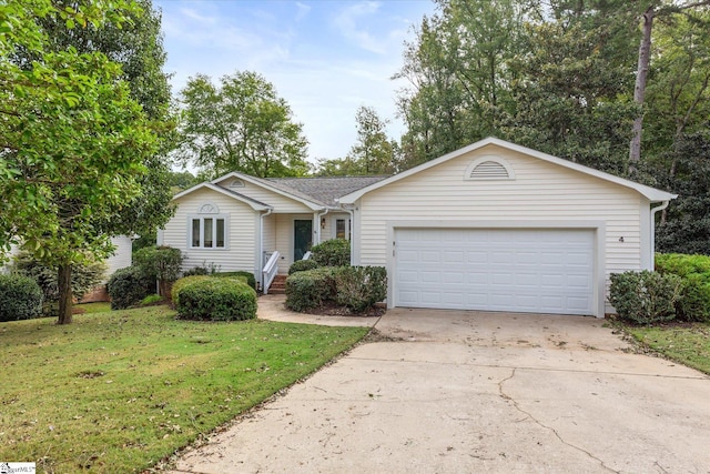 single story home featuring a front yard and a garage