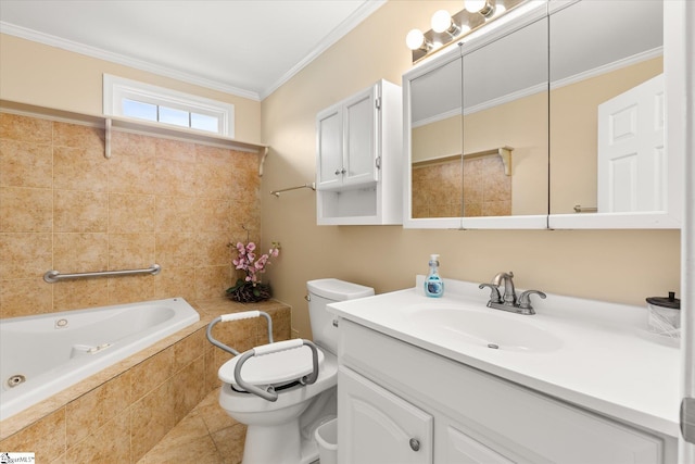 bathroom featuring tile patterned floors, tiled bath, crown molding, toilet, and vanity