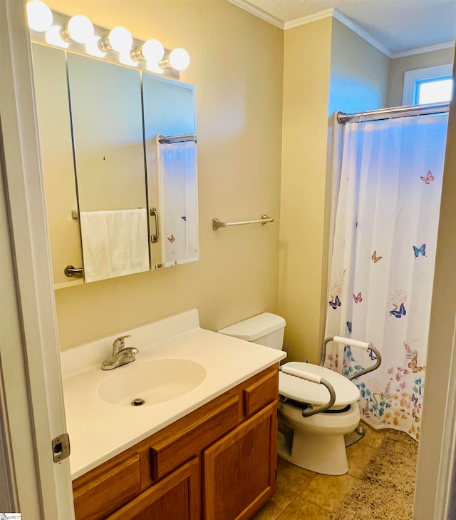 bathroom featuring vanity, crown molding, tile patterned flooring, toilet, and walk in shower