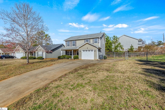 view of front of property featuring cooling unit, a front lawn, and a garage