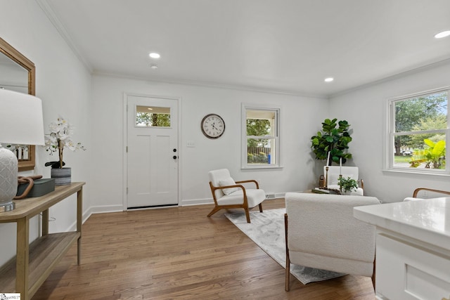 entrance foyer with light hardwood / wood-style floors, a wealth of natural light, and crown molding