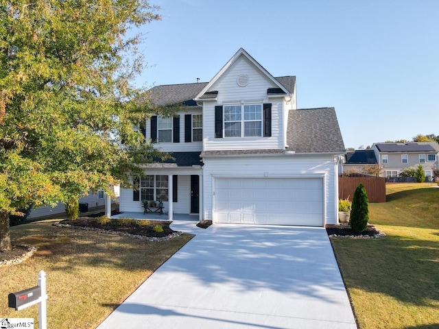 view of property featuring a front lawn and a garage