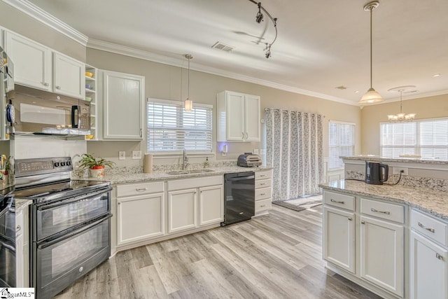 kitchen with pendant lighting, a healthy amount of sunlight, sink, and black appliances