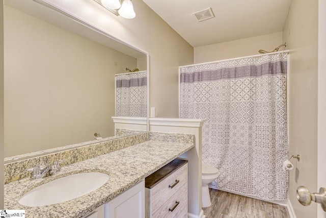 bathroom featuring toilet, vanity, and hardwood / wood-style flooring