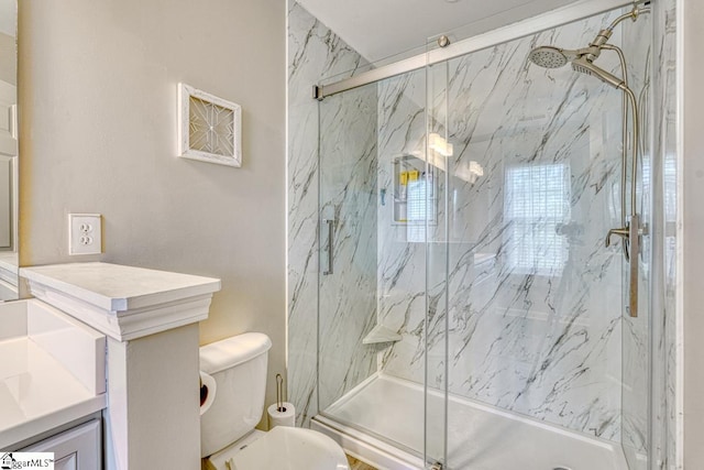 bathroom with vanity, toilet, and an enclosed shower