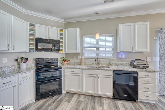 kitchen with crown molding, sink, black appliances, light hardwood / wood-style flooring, and white cabinetry