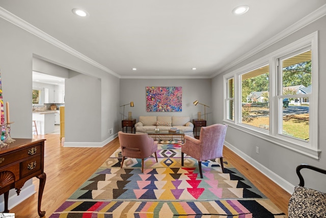 living room with crown molding and light hardwood / wood-style floors