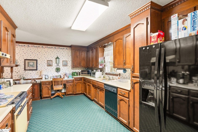 kitchen featuring dark colored carpet, a textured ceiling, sink, and black appliances