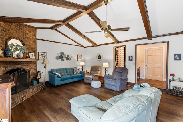 living room featuring a fireplace, vaulted ceiling with beams, dark hardwood / wood-style floors, and ceiling fan