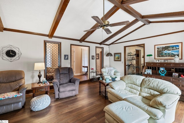 living room featuring vaulted ceiling with beams, ceiling fan, dark hardwood / wood-style flooring, and crown molding