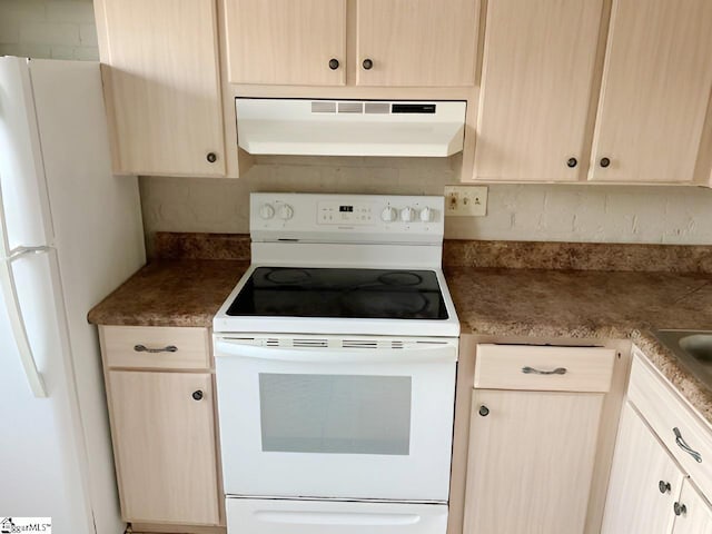 kitchen featuring decorative backsplash, light brown cabinets, white appliances, and range hood