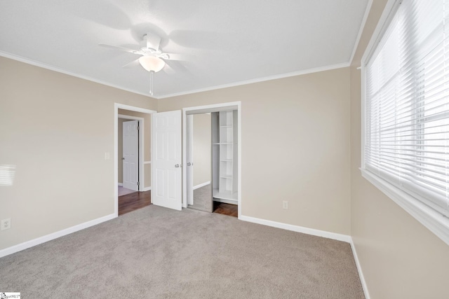 unfurnished bedroom with ceiling fan, a closet, carpet, and ornamental molding