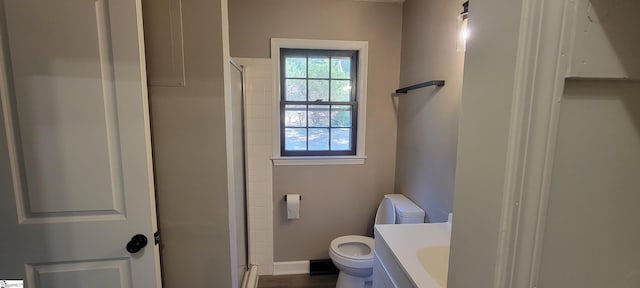 bathroom with vanity, toilet, and a shower with shower door