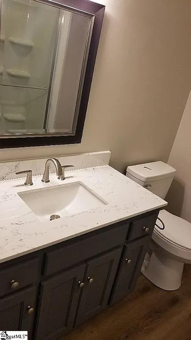 bathroom with hardwood / wood-style floors, vanity, and toilet