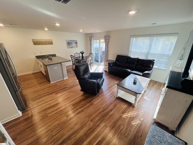 living room with wood-type flooring and sink