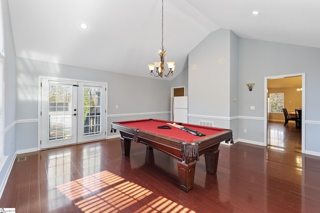 recreation room with high vaulted ceiling, dark hardwood / wood-style flooring, billiards, and french doors